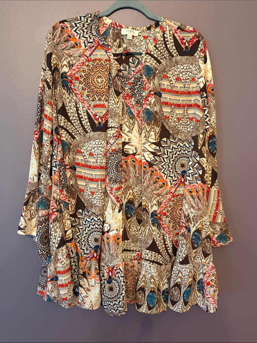 Umber multicolor Bohemian Printed Mini Dress with Bell Sleeves and Ruffle Hem
